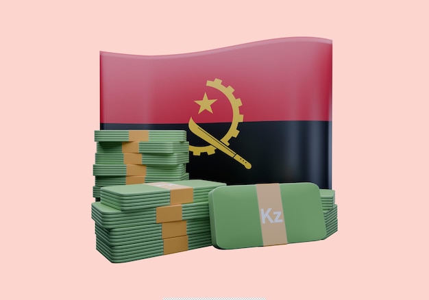 Ilustración en 3D de la bandera de Angola y la moneda llamada Kwanza