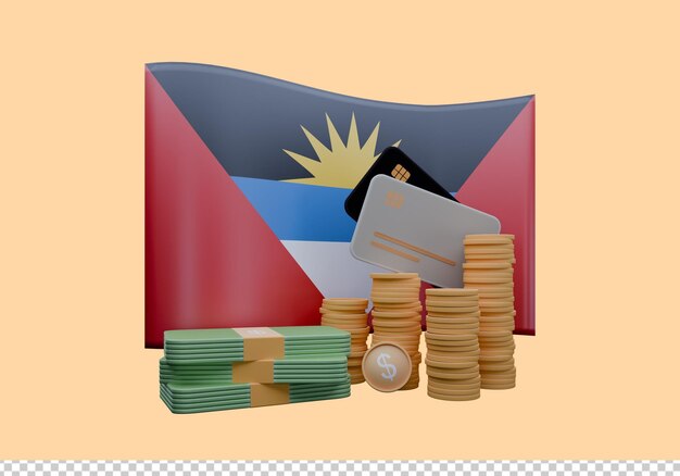 Ilustración en 3D de la bandera de Antigua y Barbuda y la moneda llamada dólar