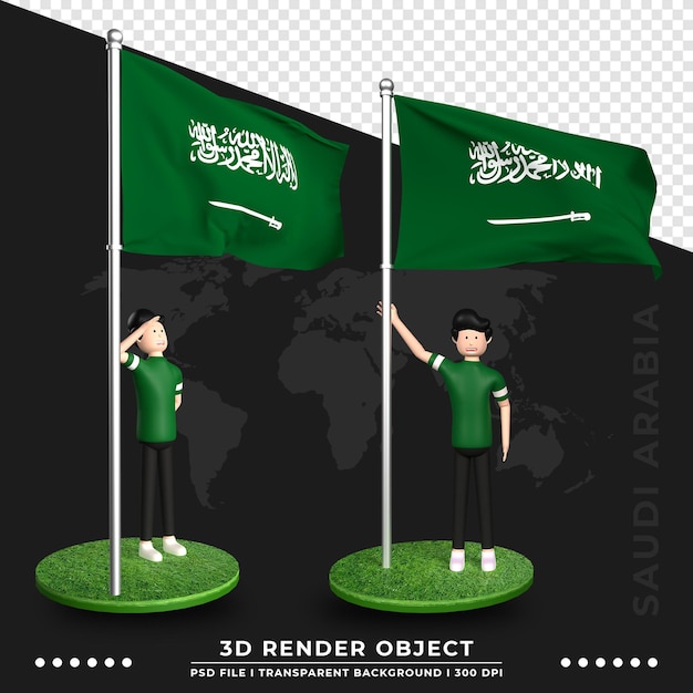 Ilustración 3d de la bandera de arabia saudita con personaje de dibujos animados de gente linda. representación 3d.