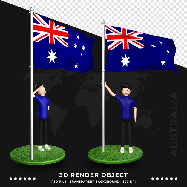 PSD ilustración 3d de la bandera de australia con personaje de dibujos animados de gente linda. representación 3d.