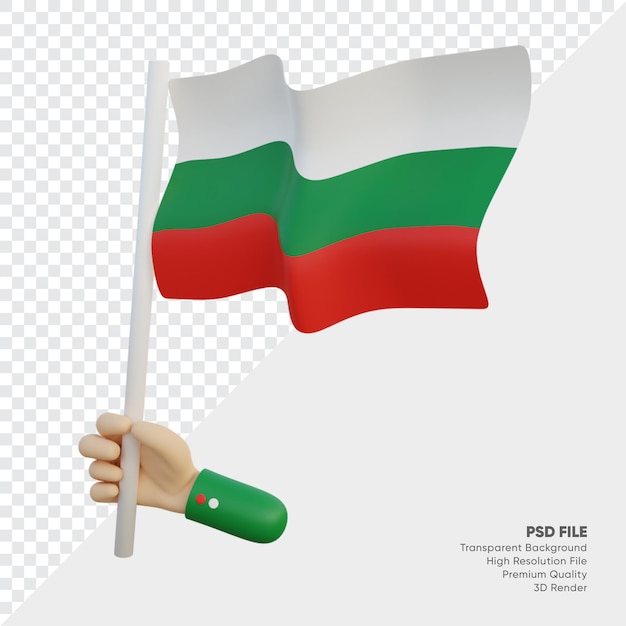 Ilustración 3d de la bandera de Bulgaria con la mano sujetándola