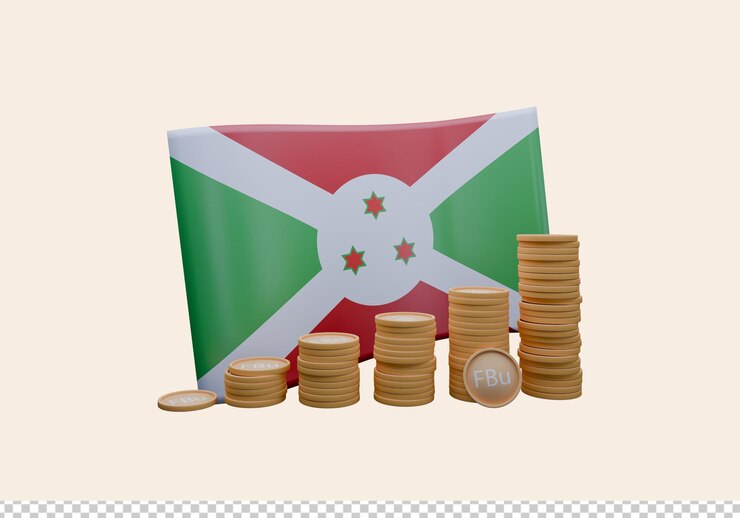 PSD ilustración en 3d de la bandera de burundi y la moneda llamada franco
