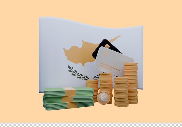 Ilustración en 3D de la bandera de Chipre y la moneda llamada Euro