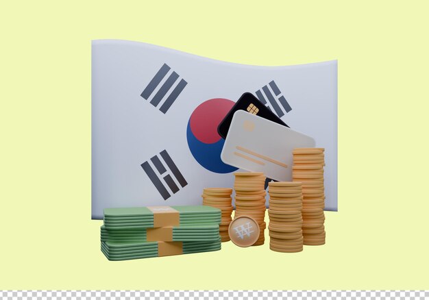Ilustración 3D de la bandera de Corea del Sur y la moneda llamada Won