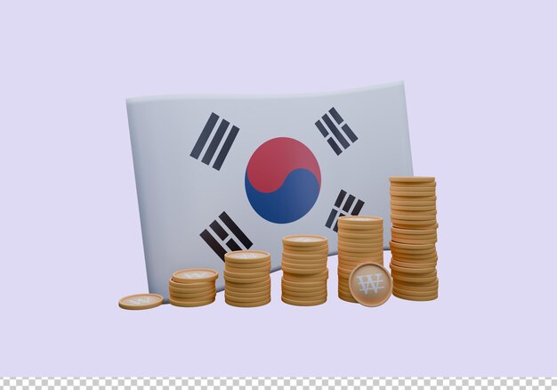Ilustración 3D de la bandera de Corea del Sur y la moneda llamada Won
