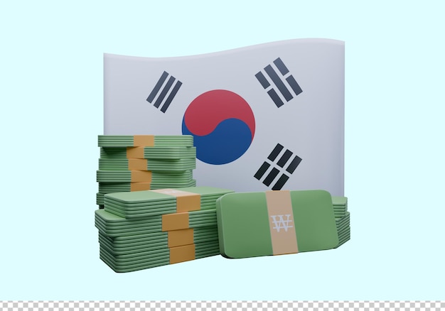 Ilustración 3D de la bandera de Corea del Sur y la moneda llamada Won