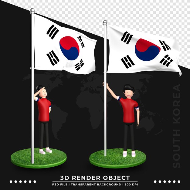 Ilustración 3d de la bandera de corea del sur con personaje de dibujos animados de gente linda. representación 3d.