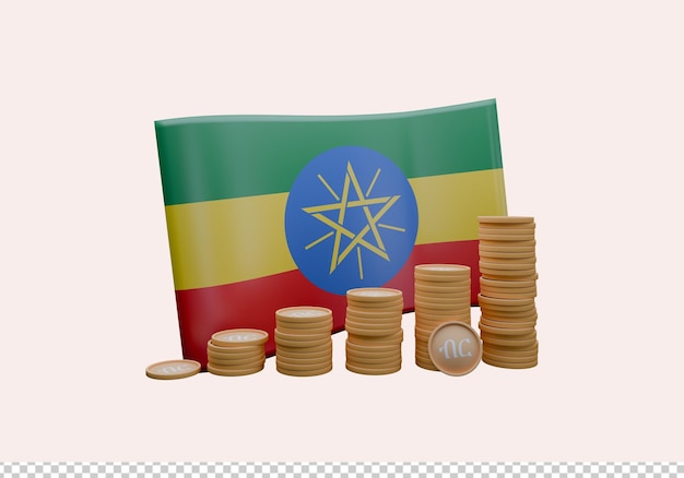 Ilustración en 3D de la bandera de Etiopía y la moneda llamada Birr