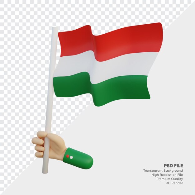 Ilustración 3d de bandera de Hungría con mano sujetándola
