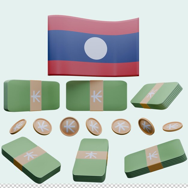 Ilustración 3D de la bandera de Laos y la moneda llamada Kip