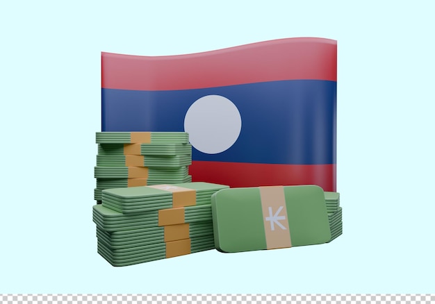 Ilustración 3D de la bandera de Laos y la moneda llamada Kip