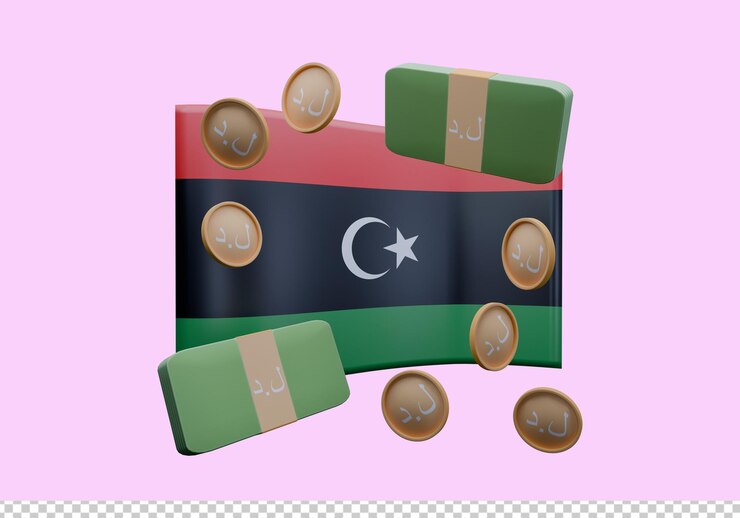 PSD ilustración 3d de la bandera de libia y la moneda llamada dinar