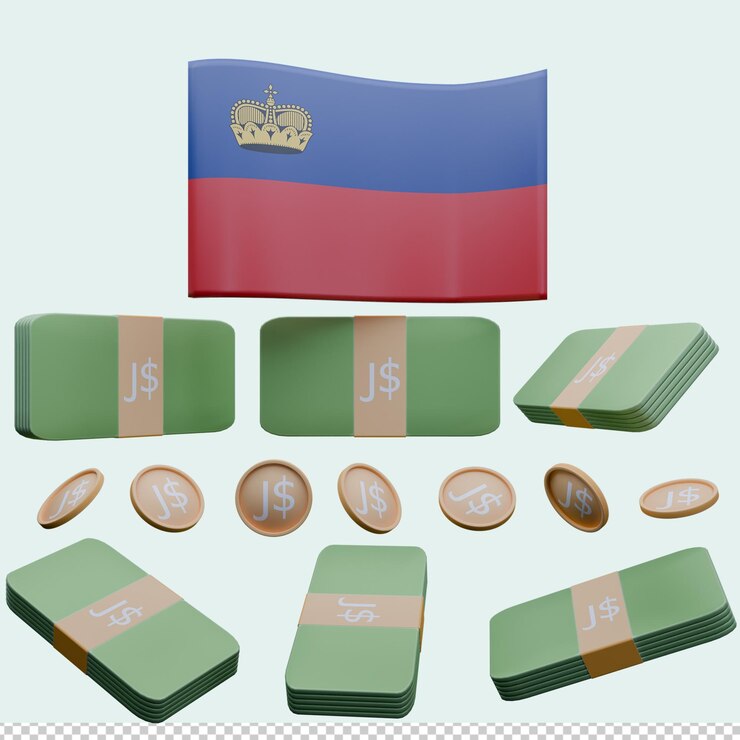 PSD ilustración en 3d de la bandera de liechtenstein y la moneda llamada franco
