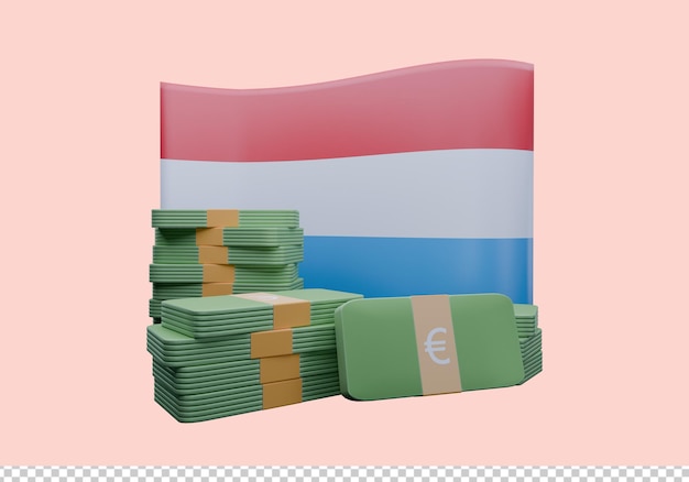 Ilustración 3D de la bandera de Luxemburgo y la moneda llamada Euro