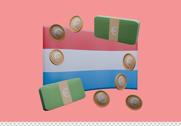 Ilustración 3D de la bandera de Luxemburgo y la moneda llamada Euro