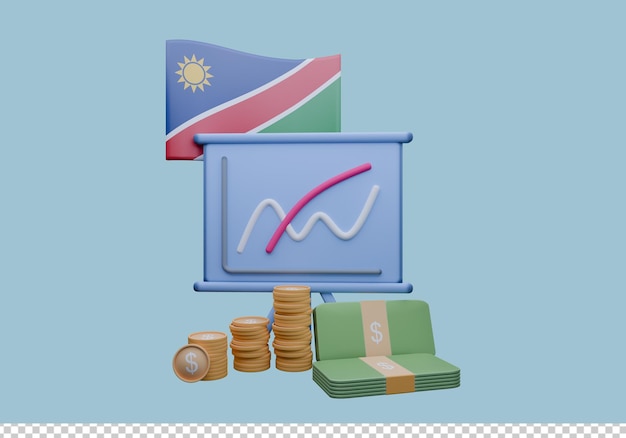 Ilustración 3D de la bandera de Namibia y la moneda llamada dólar