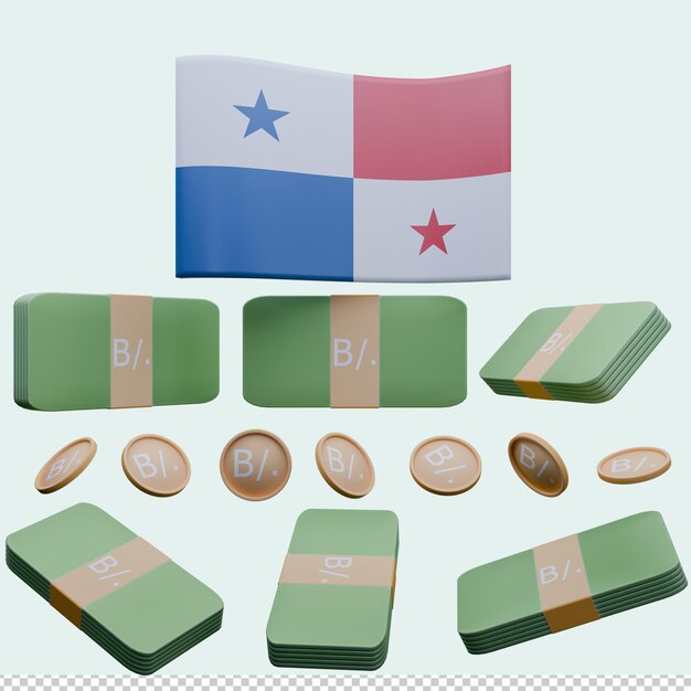 Ilustración 3D de la bandera de Panamá y la moneda llamada Balboa