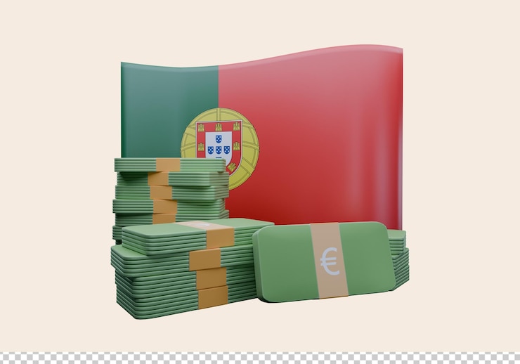 PSD ilustración 3d de la bandera de portugal y la moneda llamada euro