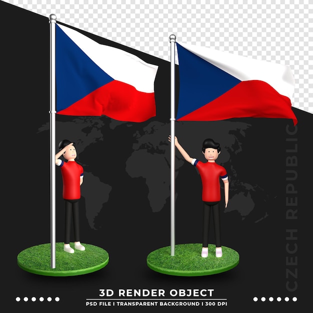 PSD ilustración 3d de la bandera de la república checa con personaje de dibujos animados de gente linda. representación 3d.