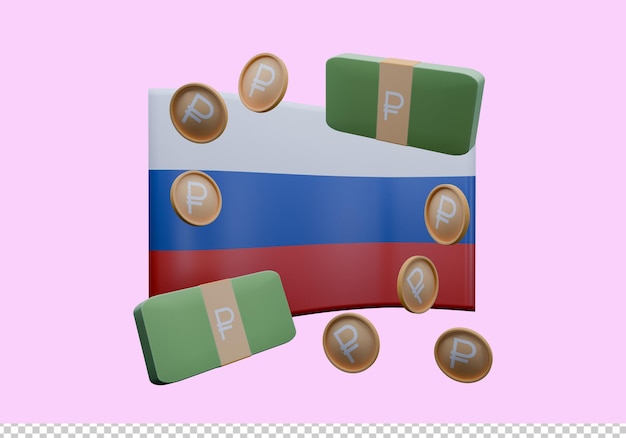 Ilustración 3D de la bandera de Rusia y la moneda llamada rublo