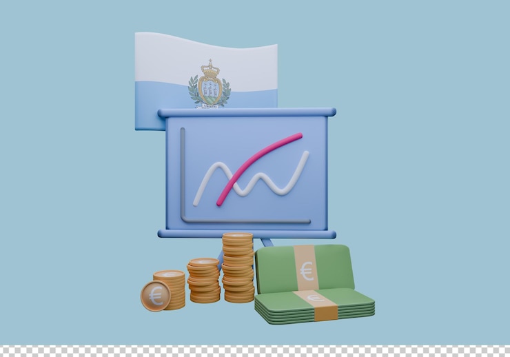 PSD ilustración en 3d de la bandera de san marino y la moneda llamada euro