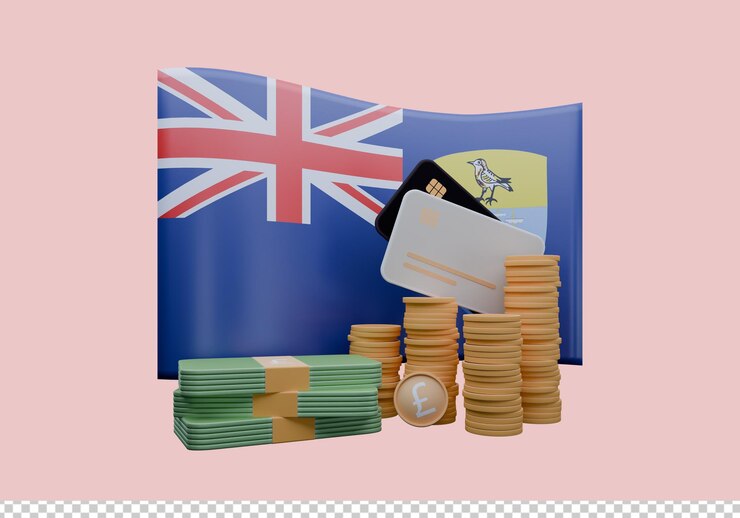 PSD ilustración 3d de la bandera de santa helena y la moneda llamada libra