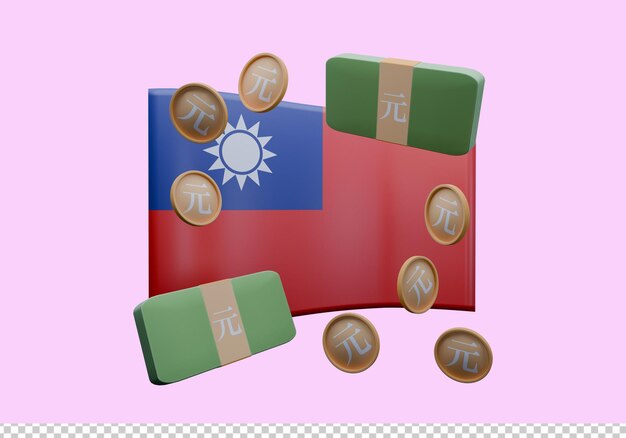 Ilustración 3D de la bandera de Taiwán y la moneda llamada Nuevo Dólar de Tailandia