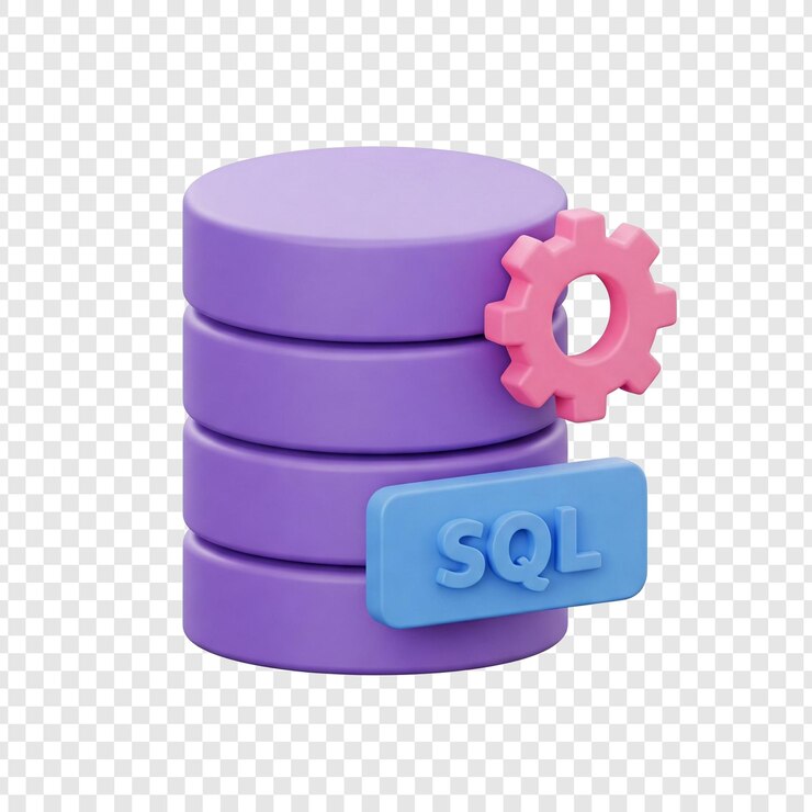 PSD ilustración 3d de una base de datos con icono sql y configuraciones en un fondo transparente