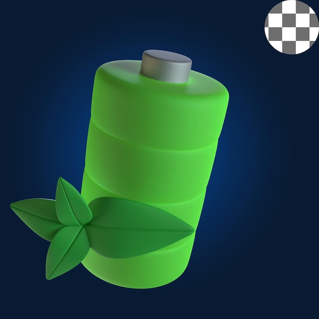 Ilustración 3d de batería verde con hojas