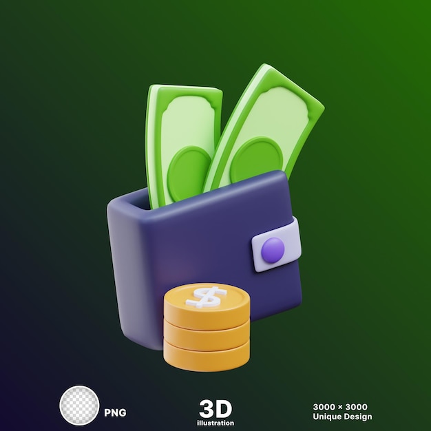 Ilustración 3D de una billetera azul con monedas de oro en dólares y billetes de moneda en un fondo transparente