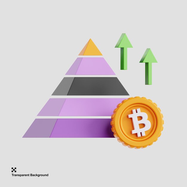 Ilustración 3d de bitcoin de crecimiento piramidal