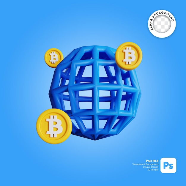 Ilustración 3d de bitcoin global