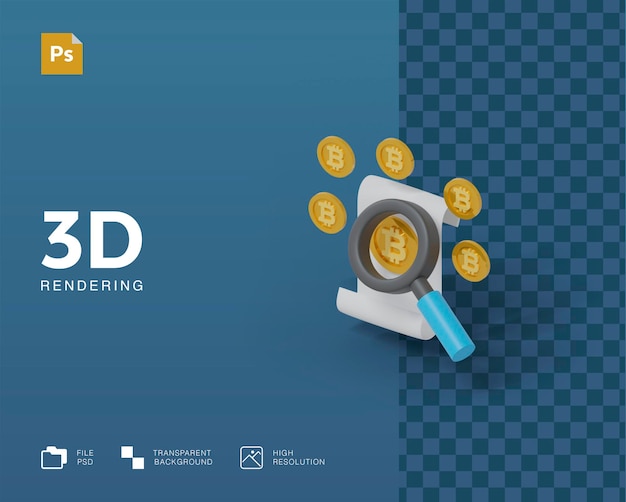 Ilustración 3D bitcoin y lupa