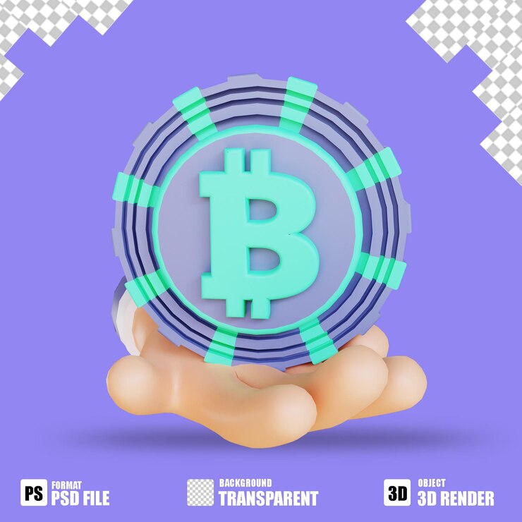 PSD ilustración 3d bitcoin y mano adecuada para criptomonedas