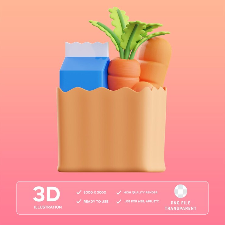 Ilustración 3D de la bolsa de comestibles PSD