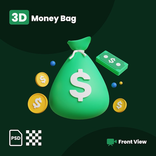 PSD ilustración 3d de la bolsa de dinero con una vista frontal