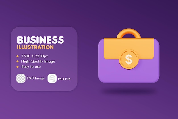 PSD ilustración 3d de bolsa de negocios y moneda con símbolos de dólar, concepto de oficina