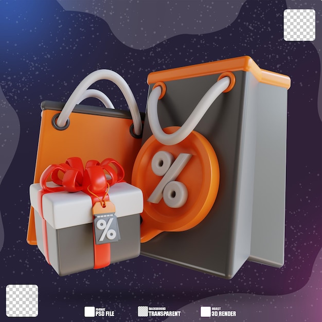 Ilustración 3D bolsas de papel de descuento y cajas de regalo 3