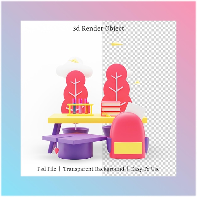 Ilustración 3d de bolso y sombrero de graduación con concepto de regreso a la escuela