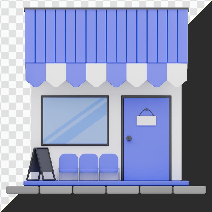 PSD ilustración 3d de una bonita vitrina con toldo y puerta azules