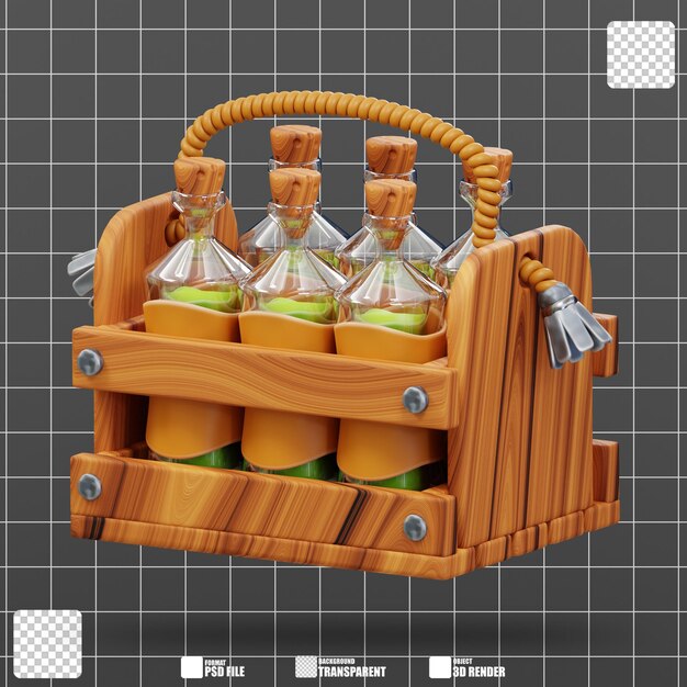 Ilustración 3D de botella de cerveza y caja de cerveza