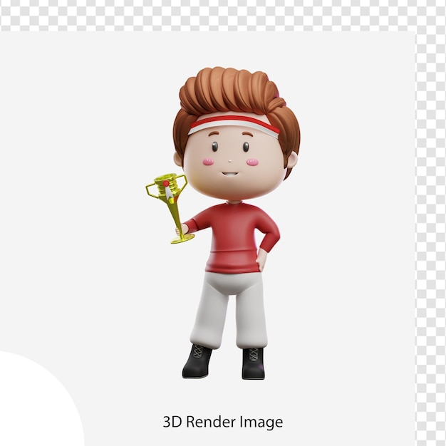 Ilustración 3d Boy Holding Competition Trophy Día de la independencia de Indonesia