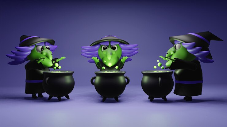 PSD ilustración 3d de bruja de halloween con olla hirviendo psd