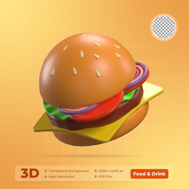 Ilustración 3D de Burger Juicy Delight Icono de alimentos y bebidas con fondo transparente