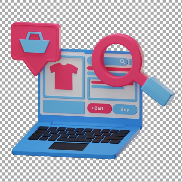 Ilustración 3d de búsqueda de productos con laptop
