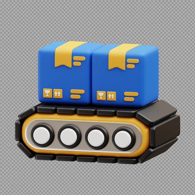 Ilustración 3D de cajas mantenidas en cintas transportadoras utilizadas en grandes fábricas