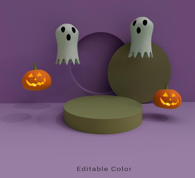 Ilustración 3d de calabaza de halloween volando con una vela interior que brilla intensamente y un fantasma blanco