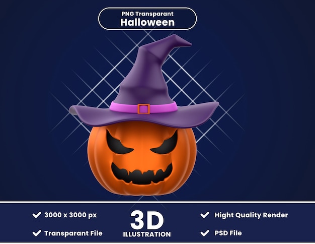 PSD ilustración en 3d de calabaza con sombrero de bruja