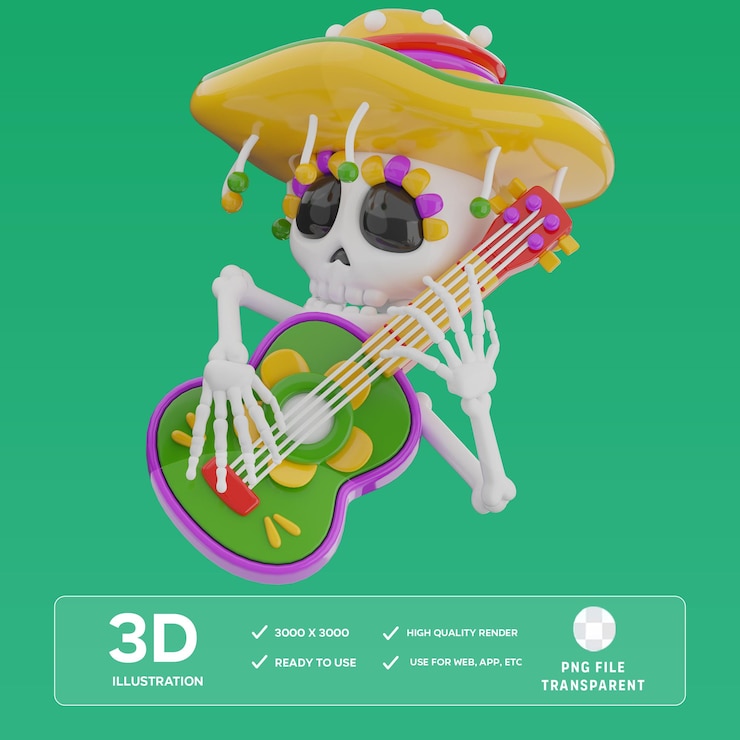 PSD ilustración 3d de la calavera de psd tocando la guitarra