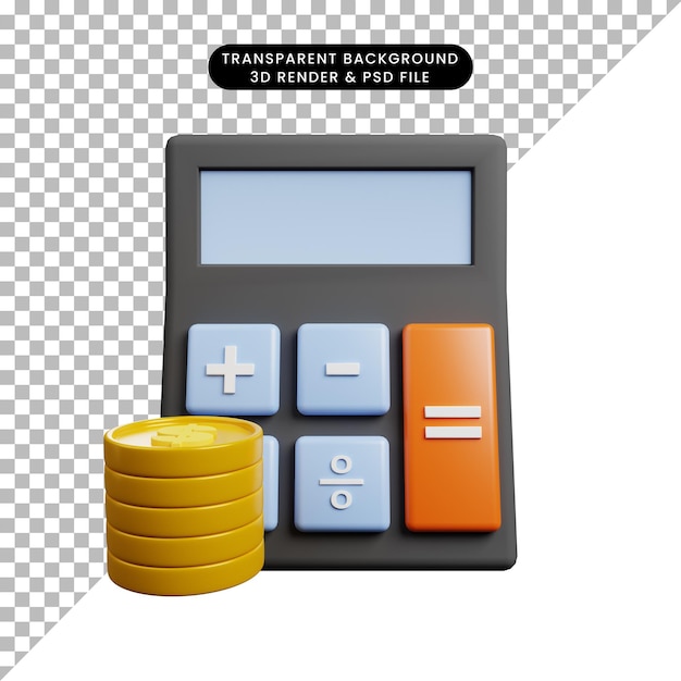 Ilustración 3d de calculadora de concepto de pago con moneda